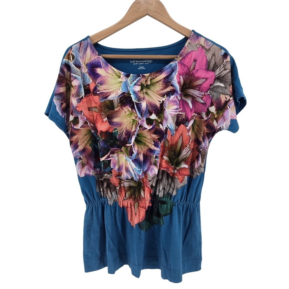 Soft Surroundings Top Womens XS 2EC69 Teal Blue Floral Elastic Waist EUC